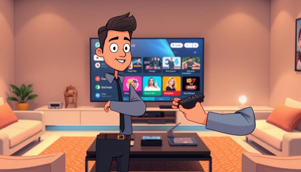 A modern living room featuring a sleek smart television displaying an IPTV application interface. In the foreground, a confident, professional-looking individual in business casual attire is holding a remote control, thoughtfully selecting options. The middle ground showcases a stylish coffee table with tech gadgets, while the background includes soft, ambient lighting and contemporary decor that evokes a cozy atmosphere. The scene is captured from a slightly low angle to emphasize the television screen, with a warm color palette adding to the inviting feel. The image conveys a sense of innovation and ease in accessing digital content on smart TVs.