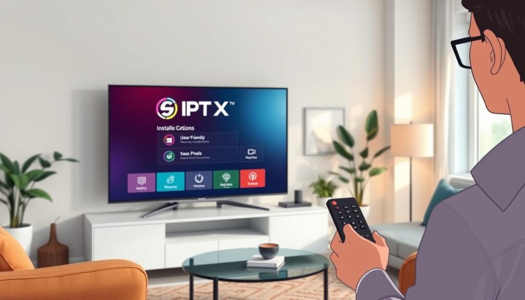 A modern living room featuring a smart TV displaying the IPTVX installation interface. In the foreground, a person in professional casual attire is holding a remote control, looking focused while navigating the screen. In the middle, the smart TV is prominently displayed, showing a clear and colorful interface with user-friendly installation options. The background includes a cozy sofa, decorative plants, and soft lighting that creates a warm and inviting atmosphere. The scene is well-lit with natural light coming from a nearby window, capturing the essence of a home entertainment setup. The perspective is slightly angled, emphasizing the interaction between the user and the TV. The overall mood is relaxed and user-friendly, suggesting an easy installation process.