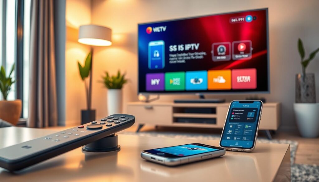 A modern living room featuring a smart TV showcasing the SS IPTV installation process on its screen. In the foreground, a close-up of a sleek remote control is resting on a stylish coffee table, with a smartphone displaying an installation app nearby. The middle ground has the smart TV, its colorful interface illustrating step-by-step instructions in an engaging way. The background includes a cozy sofa, warm lighting casting a soft glow, and decorative plants enhancing the atmosphere. Capture a professional yet inviting feel, focusing on clarity and detail to make the tech installation process approachable and engaging for viewers. Use a balanced composition with a slight depth of field to emphasize the smart TV and the installation process.