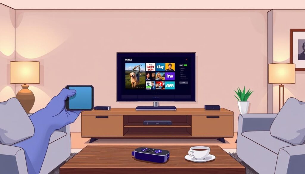 A modern living room scene featuring a Roku streaming device prominently displayed on a stylish entertainment center. The foreground shows a sleek television screen mirroring content from a smartphone and seamlessly displaying vibrant images, symbolizing the concept of screen mirroring. In the middle, a neatly arranged coffee table has a remote control and a cup of coffee. The background features soft, warm lighting from decorative lamps, creating a cozy atmosphere. The walls are adorned with minimalist art, enhancing the contemporary feel. The scene conveys a sense of relaxation and modern technology, capturing the essence of using alternative methods to watch IPTV on a Roku device. The focus is on the tech interaction without any people present.
