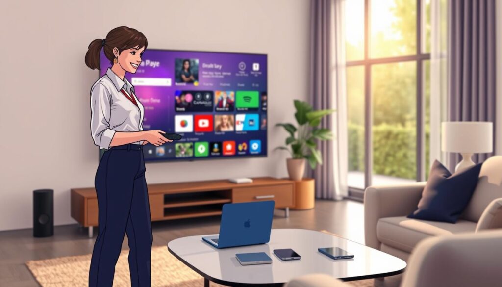 A modern living room scene featuring a sleek smart TV displaying the Perfect Player Smarters interface, prominently in focus. In the foreground, a person dressed in professional business attire, such as a smart blouse and trousers or a tailored shirt and slacks, is interacting with a remote control, looking engaged and pleased. The middle layer shows a stylish coffee table with a laptop and smartphone nearby, reflecting a tech-savvy home environment. In the background, light streams through large windows, creating a warm and inviting atmosphere. The overall mood is one of productivity and modernity, with soft natural lighting, a shallow depth of field that emphasizes the TV screen's vibrant colors and interface details, while the furniture is contemporary and minimalistic.
