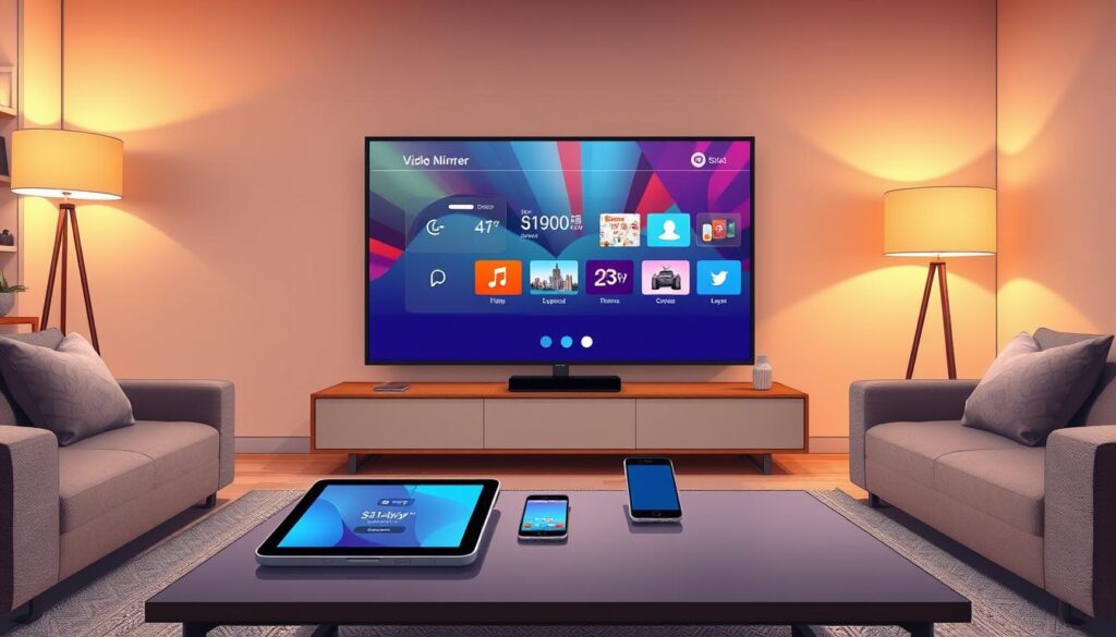 A modern living room scene showcasing the wireless screen mirroring capabilities of 5KPlayer. In the foreground, a sleek smart TV displays vibrant content, reflecting the 5KPlayer interface with various connected devices shown on the screen. In the middle ground, a stylish coffee table holds a tablet and smartphone, symbolizing ease of use and connectivity. The backdrop features a cozy couch with muted tones, creating a comfortable atmosphere. Warm, soft lighting enhances the inviting mood of the space, while a wide-angle view captures the entire room. The focus is on the technology, emphasizing innovation and simplicity, with no people present to maintain a clean, professional look.