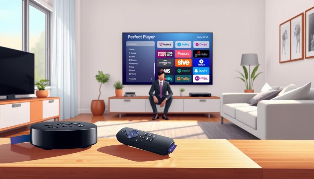 A modern living room setting brightly lit by soft, natural daylight streaming through a large window. In the foreground, a sleek, black Roku streaming device sits prominently on a stylish media console accompanied by a remote control. A large flat-screen TV is mounted on the wall, displaying the Perfect Player interface, featuring a clean layout with various channel options. In the middle ground, a person, dressed in smart casual attire, is seated on a comfortable couch, focused on the TV, likely following installation steps. Surrounding decor includes a few houseplants and minimalist artwork for a cozy atmosphere. The overall mood is inviting and tech-savvy, evoking a sense of ease in setting up IPTV on Roku.