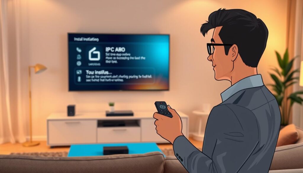 A modern living room setting showcasing a sleek smart TV displaying the Ibo Pro interface, with a focus on the installation process. In the foreground, a professional-looking individual in business casual attire is attentively holding a remote, examining the TV screen with an engaged expression. The middle section reveals detailed app installation steps being displayed on the TV, surrounded by elements like a cozy sofa and ambient lighting. The background features soft, warm light filtering through sheer curtains, creating a welcoming atmosphere. The image is captured from a slightly elevated angle, emphasizing both the TV and the individual, with a shallow depth of field to keep the focus clear and inviting. A modern living room setting showcasing a sleek smart TV displaying the Ibo Pro interface, with a focus on the installation process. In the foreground, a professional-looking individual in business casual attire is attentively holding a remote, examining the TV screen with an engaged expression. The middle section reveals detailed app installation steps being displayed on the TV, surrounded by elements like a cozy sofa and ambient lighting. The background features soft, warm light filtering through sheer curtains, creating a welcoming atmosphere. The image is captured from a slightly elevated angle, emphasizing both the TV and the individual, with a shallow depth of field to keep the focus clear and inviting.