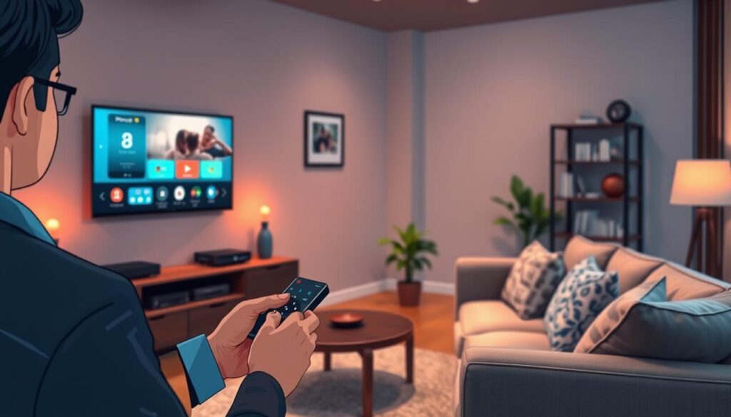 A modern living room setting with a focus on a sleek smart TV displaying an IPTV interface. In the foreground, a person in smart casual attire is interacting with a remote control, appearing engaged and focused. The middle ground features a stylish entertainment unit with streaming devices and a comfortable sofa adorned with decorative pillows. Soft, warm lighting enhances the cozy atmosphere, highlighting details like a family photo on the wall and a potted plant in the corner. The background reveals a well-organized bookshelf, conveying a sense of order and tranquility. Overall, the image evokes a mood of confidence, security, and privacy in a digital world, emphasizing the importance of safety while enjoying IPTV services.