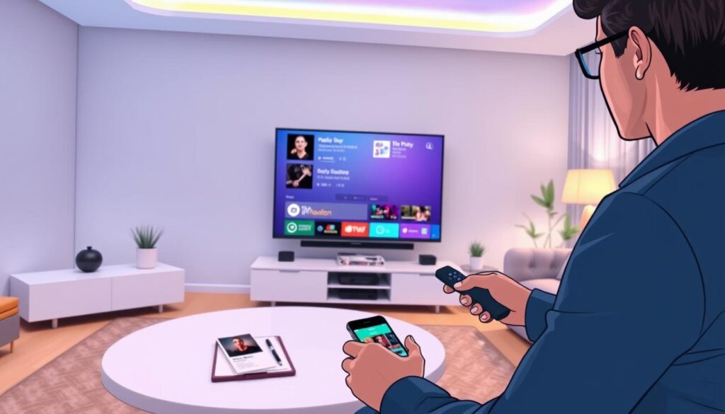 A modern living room setting with a sleek smart TV displaying a vibrant user interface for managing playlists. In the foreground, a person in smart casual clothing, focused and engaged, using a remote control to navigate the IPTVnator app. The middle ground features an elegant, minimalist coffee table with a notepad and a smartphone, displaying playlist graphics. Soft, ambient lighting creates a warm and inviting atmosphere, while the background shows comfortable furniture and decorative plants, suggesting a cozy and tech-savvy home environment. The angle captures the screen's bright colors and details, emphasizing ease of use and modern technology.