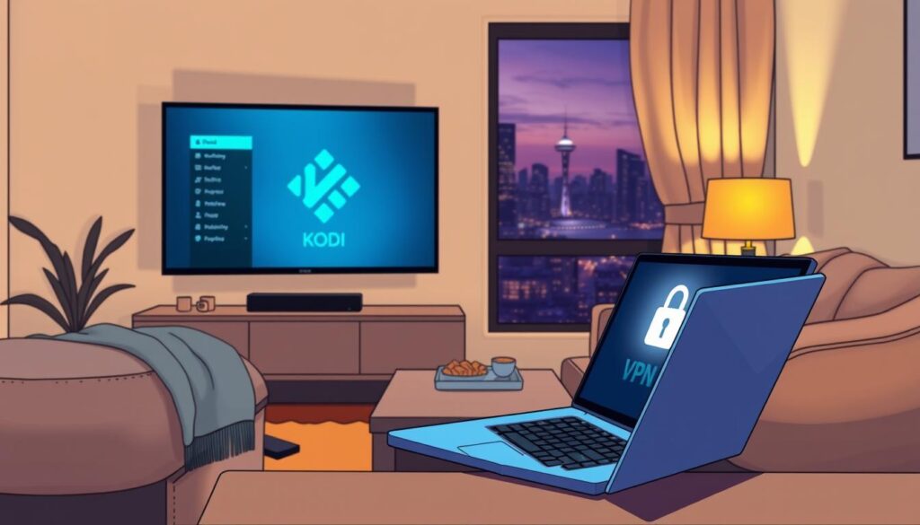 A modern living room setting with a smart TV displaying the Kodi interface on the screen. In the foreground, a sleek laptop connected to a VPN service symbolized by a glowing padlock icon. A cozy sofa with a throw blanket and a coffee table with snacks creates a relaxed atmosphere. Warm, soft lighting from a nearby lamp casts gentle shadows, enhancing the inviting feel. In the background, a window shows a twilight city skyline, symbolizing internet access and connectivity. The overall mood is secure and relaxed, emphasizing the importance of VPN safety while using Kodi. The image should be sharp and vibrant, capturing the essence of digital safety in home entertainment.