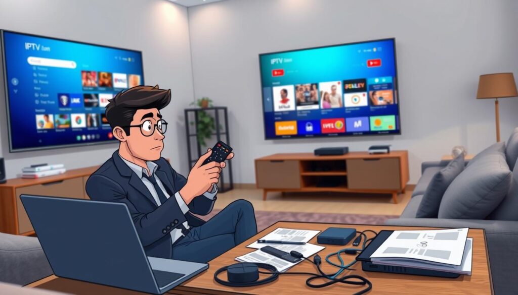 A modern living room setup with a sleek smart TV displaying a vibrant IPTV interface featuring various channel options. In the foreground, a focused individual dressed in smart casual attire is seated on a comfortable couch, intently troubleshooting a remote control, with an expression of determination. The middle ground includes a coffee table cluttered with technical tools like a laptop, cables, and an IPTV manual. The background showcases a stylish bookshelf and soft ambient lighting that creates a cozy yet professional atmosphere. The angle captures the scene from a slightly elevated perspective, enhancing the viewer's engagement. The overall mood is one of problem-solving and technological interest, emphasizing the theme of IPTV issue resolution and performance optimization.