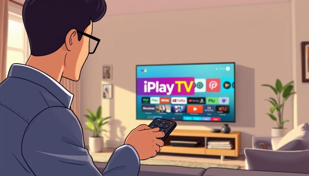A modern living room showcasing a sleek smart TV displaying the iPlayTV app interface. In the foreground, a person in smart casual attire is interacting with the TV remote, focused on the screen. In the middle, the television features the vibrant iPlayTV logo with colorful app icons, indicating various streaming options. The background is a cozy, well-lit room with soft natural light streaming through a window, enhancing the inviting atmosphere. The walls are adorned with subtle decor, giving a sense of contemporary style. The shot is captured at a slight angle, emphasizing both the user and the TV, with a warm, engaging mood that reflects the ease of technology integration in daily life. A modern living room showcasing a sleek smart TV displaying the iPlayTV app interface. In the foreground, a person in smart casual attire is interacting with the TV remote, focused on the screen. In the middle, the television features the vibrant iPlayTV logo with colorful app icons, indicating various streaming options. The background is a cozy, well-lit room with soft natural light streaming through a window, enhancing the inviting atmosphere. The walls are adorned with subtle decor, giving a sense of contemporary style. The shot is captured at a slight angle, emphasizing both the user and the TV, with a warm, engaging mood that reflects the ease of technology integration in daily life.