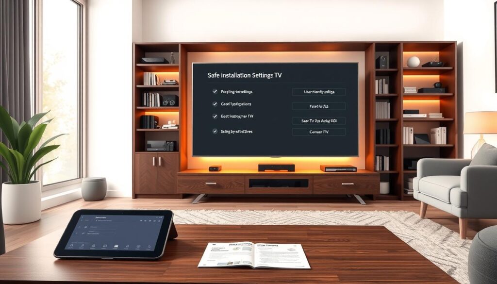 A modern living room showcasing a sleek smart television displaying safe installation settings for an IPTV app. In the foreground, there's a stylish coffee table with a tablet and instructional materials for smart TV setup. The middle ground features the smart TV with a user-friendly settings menu visible on the screen, illuminated softly by warm ambient lighting. Behind the TV, a stylish bookshelf filled with tech gadgets and decor items creates a cozy backdrop. The room is bathed in natural light from a nearby window, enhancing the feeling of comfort and safety. The overall mood is professional yet inviting, reflecting a space conducive to tech-savvy home entertainment setups.