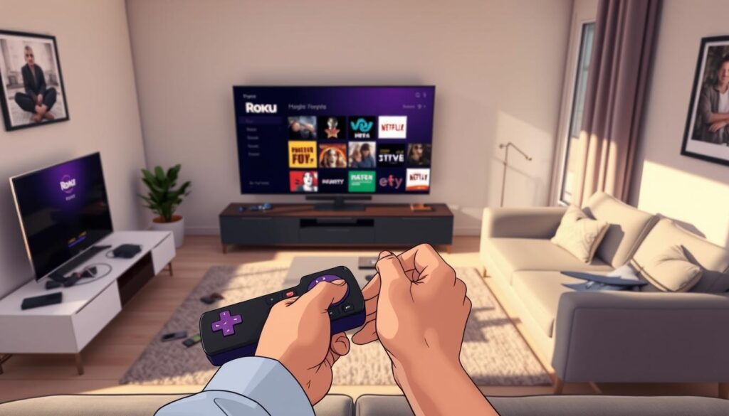 A modern living room with a focus on a Roku streaming device prominently displayed on a sleek TV stand. In the foreground, a pair of hands are adjusting settings on a Roku remote, conveying a sense of troubleshooting. Soft natural lighting streams in through a window, creating a warm, inviting ambiance. The middle ground features a contemporary sofa and a coffee table with tech gadgets scattered around, illustrating a troubleshooting scenario. In the background, a large TV screen displays the Roku interface, showcasing various streaming apps. The scene reflects a calm and productive atmosphere, emphasizing problem-solving and support in IPTV issues. The angle is slightly overhead, providing a comprehensive view of the setup.