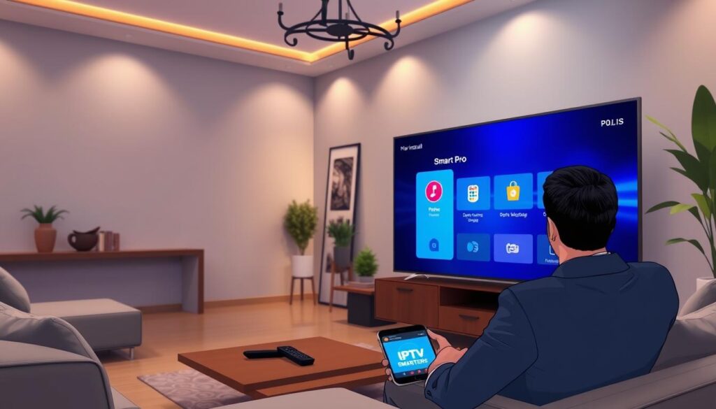 A modern living room with a sleek, flat-screen smart TV, displaying the IPTV Smarters Pro application interface. In the foreground, a well-dressed individual in professional business attire, seated comfortably on a stylish sofa, focused intently on the TV screen. The middle layer features a coffee table with a remote control and a smartphone showing the IPTV Smarters app. In the background, soft ambient lighting illuminates the room, creating a cozy atmosphere with tasteful decor, including plants and artwork. The angle should capture the viewer's perspective as if they are part of the experience, emphasizing the installation process on the smart TV. The overall mood is inviting and informative, showcasing a seamless tech-savvy environment.