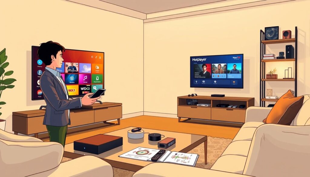 A modern living room with a sleek smart TV displaying the HotPlayer interface, showcasing vibrant streaming options. In the foreground, a tech-savvy individual dressed in smart casual attire is adjusting settings on a smartphone, illustrating the process of device and streaming optimization. The middle ground features a stylish coffee table with streaming devices, remote controls, and a user's manual. The warm, ambient lighting creates a cozy atmosphere, highlighting the smooth textures of the furniture. The background shows a soft-focus view of a wall-mounted bookshelf filled with tech gadgets and decorative items. Use a slightly elevated angle to capture the scene dynamically, emphasizing the integration of technology into daily life.