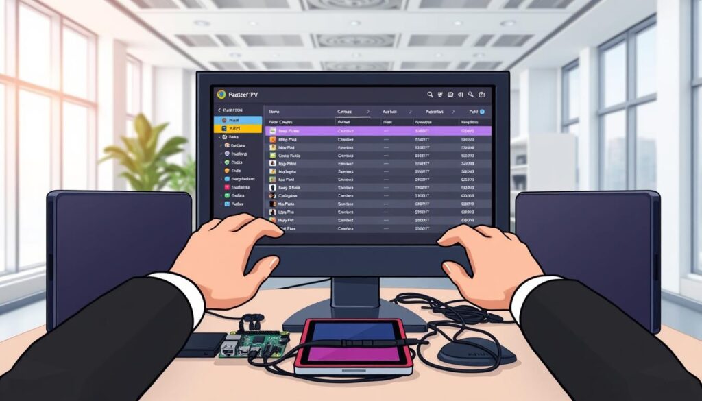A modern, organized office workspace featuring a desktop computer screen displaying a colorful IPTV channel list management interface. In the foreground, a pair of hands, dressed in professional business attire, are actively navigating through a user-friendly software application. The middle of the image shows a clean desk cluttered with tech gadgets like a Raspberry Pi, a tablet, and neatly arranged cables. The background is a bright, well-lit office environment with large windows allowing natural light to stream in, complemented by soft overhead lighting. The atmosphere conveys productivity and efficiency, emphasizing an innovative approach to IPTV list management, with a focus on technology and organization.