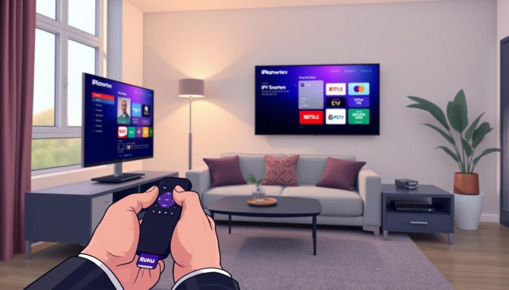 A modern, sleek living room setup featuring a Roku device prominently displayed on a stylish TV stand. In the foreground, a pair of hands, dressed in smart casual attire, are holding a Roku remote, poised to select the IPTV Smarters application on the screen. The TV shows a vibrant interface of IPTV Smarters, with colorful icons and a clear layout. In the middle, a comfortable sofa with decorative cushions and a small coffee table is visible, contributing to a warm and inviting atmosphere. The background features soft, ambient lighting that enhances the cozy feel of the room, with a window allowing gentle daylight to filter in, casting a natural glow. The mood is focused and tech-savvy, perfect for illustrating a guide on installing IPTV on Roku.