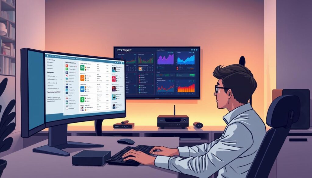 A modern, sleek workspace featuring a large computer screen displaying an IPTV playlist management interface. In the foreground, a focused individual wearing professional attire sits at the desk, intently reviewing and organizing IPTV playlists with a mouse and keyboard. The middle layer captures various digital devices such as a smart TV and a streaming box. The background is softly lit with warm ambient lighting, creating a calm and productive atmosphere. The room is organized, with dual monitors showing vibrant graphs and error correction tools, suggesting a tech-savvy environment. The mood is professional and encouraging, highlighting the intricacy and importance of managing IPTV lists effectively. A modern, sleek workspace featuring a large computer screen displaying an IPTV playlist management interface. In the foreground, a focused individual wearing professional attire sits at the desk, intently reviewing and organizing IPTV playlists with a mouse and keyboard. The middle layer captures various digital devices such as a smart TV and a streaming box. The background is softly lit with warm ambient lighting, creating a calm and productive atmosphere. The room is organized, with dual monitors showing vibrant graphs and error correction tools, suggesting a tech-savvy environment. The mood is professional and encouraging, highlighting the intricacy and importance of managing IPTV lists effectively.