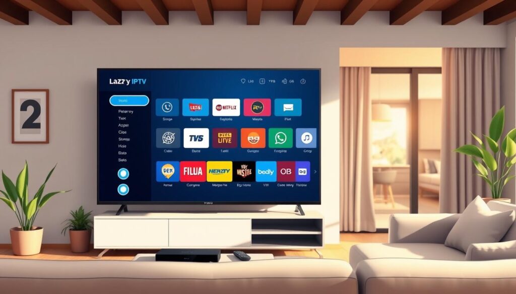 A modern smart TV displaying the Lazy IPTV interface, featuring an organized menu with stylish icons representing various streaming options. In the foreground, a sleek living room setup with a cozy sofa and decorative plants. The middle layer includes a warm, inviting ambiance with natural light streaming through a nearby window, highlighting the TV screen. The background showcases a modern home environment with hints of technology, such as a streaming device and remote control neatly placed on a coffee table. The image should convey a relaxed and user-friendly atmosphere, inviting viewers to explore the features and settings of the application, captured with a soft focus lens to enhance the inviting mood.
