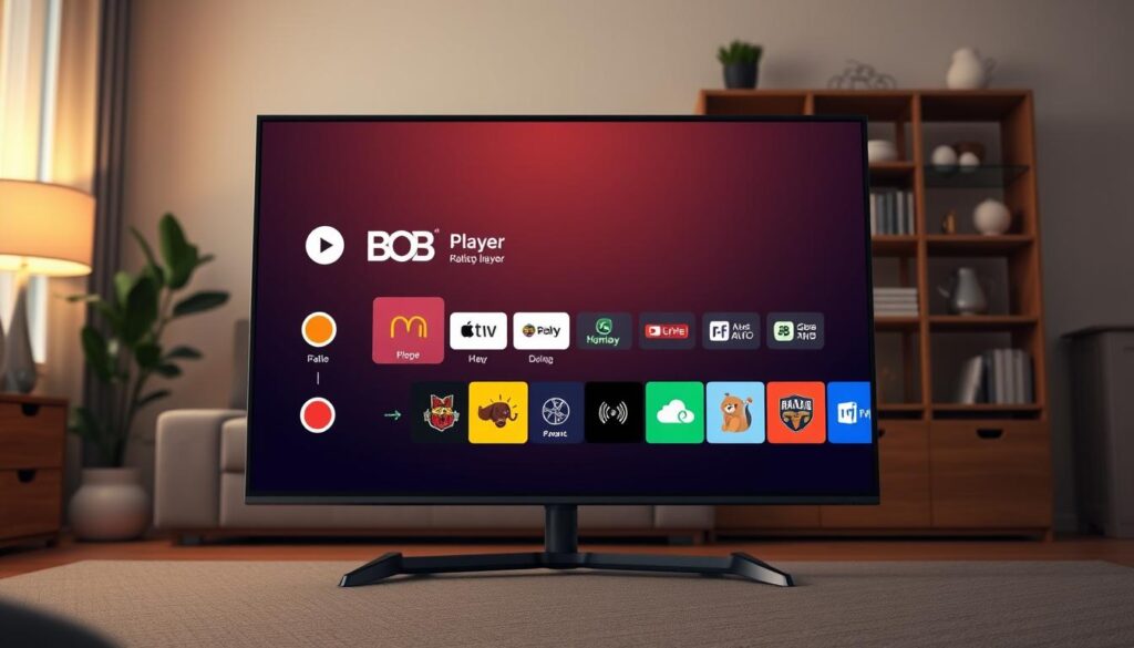 A modern smart TV interface showcasing the BOB Player application on a sleek, flat-screen display. The foreground features a detailed view of the BOB Player UI, highlighting vibrant icons and an intuitive navigation layout with user-friendly menus. The middle layer includes a comfortable living room setting, with subtle ambient lighting creating a relaxed atmosphere, emphasizing a cozy evening vibe. In the background, a stylish bookshelf filled with books and decorative items suggests a homely feel. The angle captures a slightly diagonal view of the TV, creating depth in the composition. Soft, warm lighting accentuates the sleek design of both the TV and the room, conveying a welcoming and interactive experience.