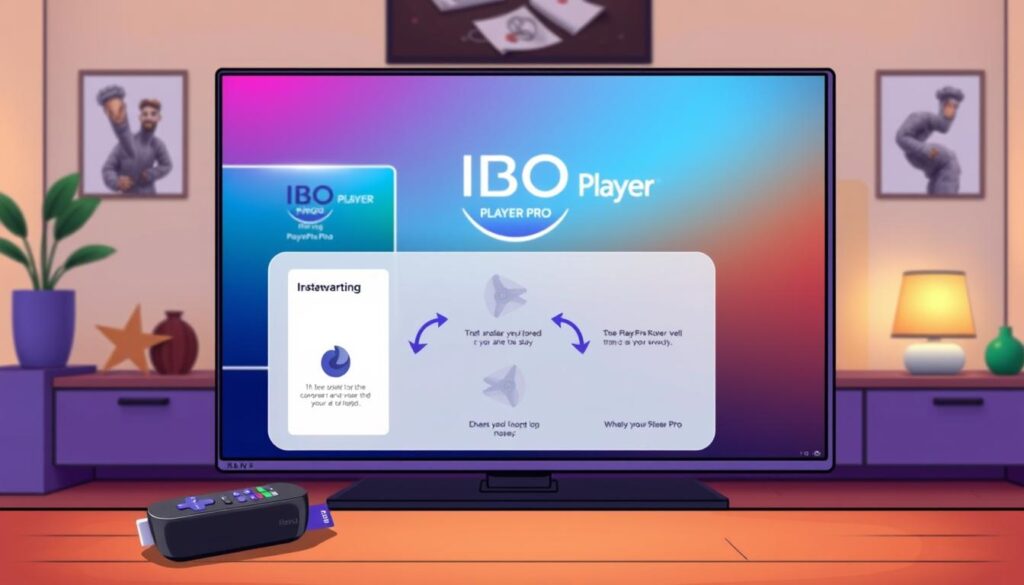 A modern, step-by-step installation guide for IBO Player Pro on a Roku device. In the foreground, a sleek Roku streaming device and TV screen displaying the IBO Player Pro interface, showcasing vivid colors and a user-friendly layout. In the middle ground, a clear, concise infographic illustrating the installation steps, with arrows indicating progress. In the background, a cozy living room scene with a warm ambiance, soft lighting, and minimalistic decor. Capture the mood of excitement and ease as viewers learn how to enhance their streaming experience. Use a wide-angle view to encompass the entire setup and create a clean, professional look, devoid of any text or distractions. A modern, step-by-step installation guide for IBO Player Pro on a Roku device. In the foreground, a sleek Roku streaming device and TV screen displaying the IBO Player Pro interface, showcasing vivid colors and a user-friendly layout. In the middle ground, a clear, concise infographic illustrating the installation steps, with arrows indicating progress. In the background, a cozy living room scene with a warm ambiance, soft lighting, and minimalistic decor. Capture the mood of excitement and ease as viewers learn how to enhance their streaming experience. Use a wide-angle view to encompass the entire setup and create a clean, professional look, devoid of any text or distractions.