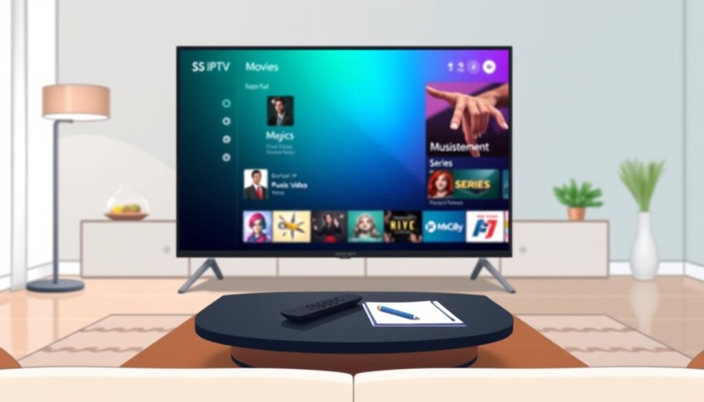 A modern, user-friendly interface of SS IPTV displayed on a sleek smart TV screen. In the foreground, the screen showcases a vibrant playlist management page adorned with colorful thumbnails representing various media types, like movies, series, and music videos. The middle ground includes a stylish coffee table with a remote control and a notepad with a pen, hinting at user interaction. The background features a cozy living room setting with minimalistic decor, soft lighting emanating from a floor lamp, creating a warm and inviting atmosphere. The scene is focused at a slight angle, emphasizing the user-friendly design of the app while maintaining clarity and detail. The overall mood should be professional yet relaxed, highlighting the ease of managing playlists on SS IPTV.