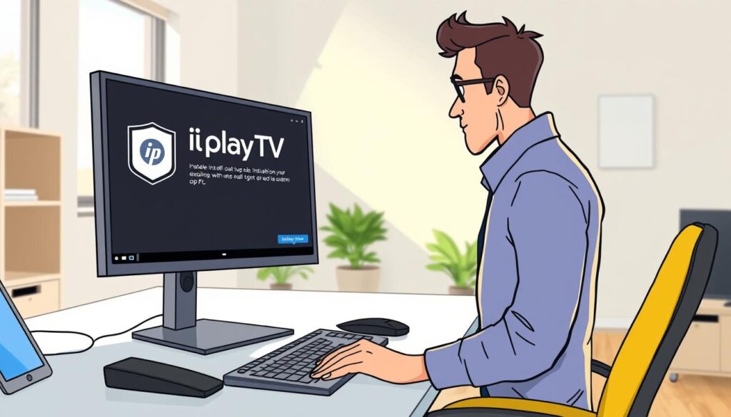 A modern workspace featuring a desktop computer displaying the iPlayTV installation interface on a Windows PC. In the foreground, a focused individual, dressed in a smart casual outfit, interacts with the computer, demonstrating the installation process. The middle ground includes the clutter-free desk with essential tech items like a keyboard, mouse, and a notepad. The background should show a well-lit room with neutral colors, emphasizing a professional atmosphere. Natural light streams in from a nearby window, creating a warm glow. The angle captures a dynamic perspective, showcasing both the screen and the user, evoking a sense of clarity and purpose in the installation process.