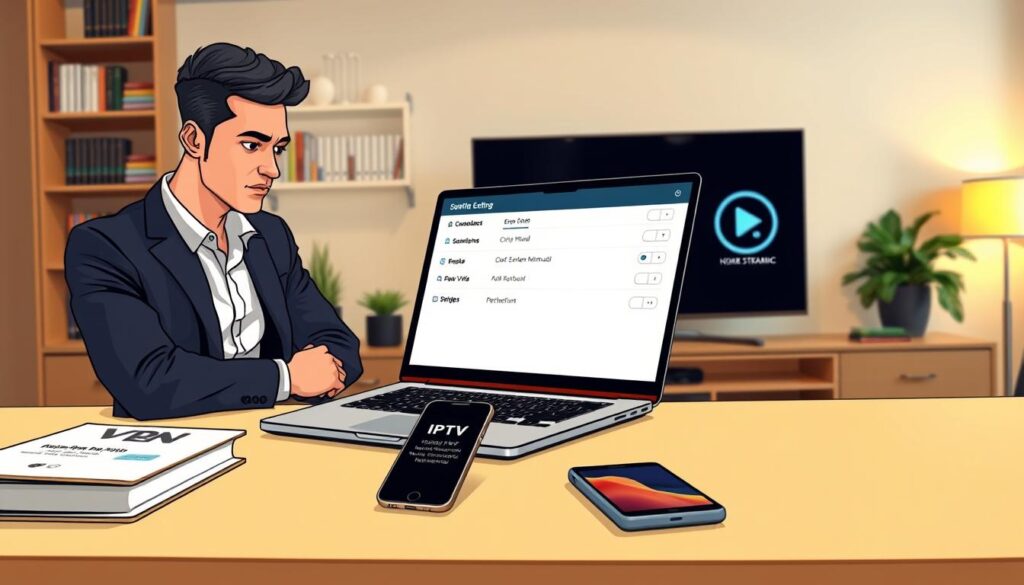A modern workspace featuring a stylish desk with a laptop open to a VPN setup interface, displaying connectivity options for IPTV. In the foreground, a focused individual in business casual attire is examining the laptop screen, with a look of concentration. On the desk, there are technical books about IPTV and VPNs, alongside a smartphone displaying a home entertainment interface. In the background, a large smart TV is mounted on the wall, showcasing a streaming service logo. Soft, warm lighting creates an inviting atmosphere, while a slightly blurred bookshelf filled with tech manuals enhances the depth. The camera angle captures a dynamic view, highlighting both the individual’s engagement with technology and the contemporary decor of the workspace.