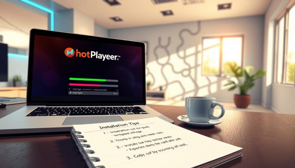 A modern workspace showcasing the "HotPlayer installation process" with intricate details. In the foreground, a sleek laptop with the HotPlayer interface displayed, colorful progress bars indicating installation stages. On the desk, a notepad with neatly organized installation tips written in a bullet-point format, and a cup of coffee beside it. In the middle ground, a well-lit room featuring a unique wall design that reflects a tech atmosphere, perhaps with some subtle blue lighting. The background features a window with natural light streaming in, casting soft shadows. The overall mood is focused and professional, with a sense of clarity and guidance, ideal for assisting users through the installation process.