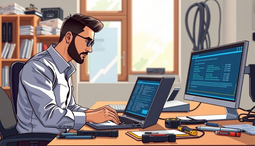 A professional IT technician in smart casual clothing, focused on solving installation issues with SET IPTV software on a Windows PC. In the foreground, the technician is seated at a desk with a laptop open, displaying troubleshooting screens and technical data. The middle ground shows tools and notes scattered around, indicating an active problem-solving environment. The background includes a bookshelf filled with technology manuals and cables, softly illuminated by natural light coming from a window. The overall atmosphere is one of concentration and diligence, capturing the challenges and solutions in optimizing software performance. The lighting is bright yet warm, creating an encouraging and productive mood. A professional IT technician in smart casual clothing, focused on solving installation issues with SET IPTV software on a Windows PC. In the foreground, the technician is seated at a desk with a laptop open, displaying troubleshooting screens and technical data. The middle ground shows tools and notes scattered around, indicating an active problem-solving environment. The background includes a bookshelf filled with technology manuals and cables, softly illuminated by natural light coming from a window. The overall atmosphere is one of concentration and diligence, capturing the challenges and solutions in optimizing software performance. The lighting is bright yet warm, creating an encouraging and productive mood.