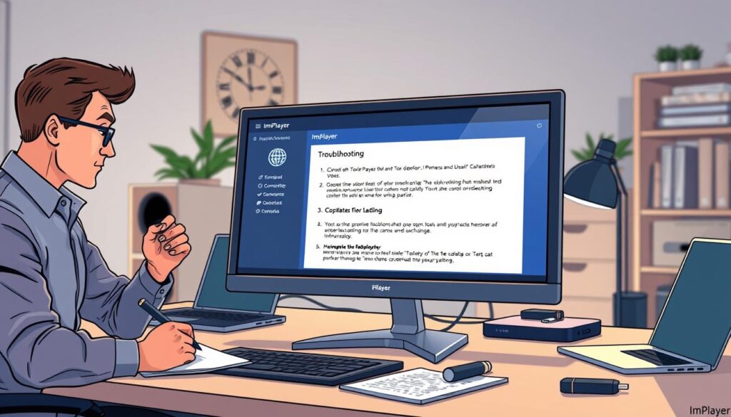 A professional desktop environment showcasing the troubleshooting and guidance for ImPlayer installation on Windows PC. In the foreground, a sleek monitor displays the ImPlayer interface, with highlighted troubleshooting tips in an organized layout. To the left, a focused individual in business casual attire intently examines the monitor, taking notes with a pen in hand. In the midground, a light wood desk is adorned with tech gadgets like a laptop, USB drives, and a notepad. The background features a well-organized tech workspace, with soft, ambient lighting creating a warm and inviting atmosphere. The scene captures a sense of concentration and professionalism, emphasizing the theme of technical support and user experience enhancement.