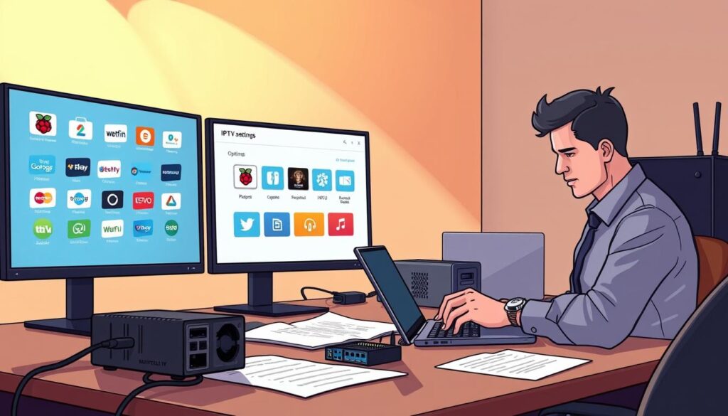 A professional setting featuring a sleek Raspberry Pi setup on a desk, with a laptop and a monitor displaying IPTV M3U configuration software. In the foreground, a focused individual in business casual attire is seen adjusting settings on the laptop, surrounded by technical notes and network diagrams. In the middle plane, vivid icons of streaming services and an open M3U file are visible on the screen, indicating IPTV options. The background features subtle elements of technology, like cables and a router, highlighted with soft ambient lighting that creates a warm, tech-savvy atmosphere. The image captures a mood of concentration and productivity, inviting readers to engage with the subject of configuring IPTV settings.