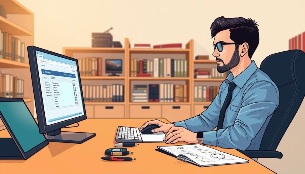 A professional technician, dressed in smart casual attire, is sitting at a desk in a well-lit office. The foreground shows a computer screen displaying IPTV installation software, with an M3U playlist file open. The technician is focused, using a mouse to navigate through installation prompts. In the middle layer, a laptop and various IPTV player icons are scattered on the desk, along with a notepad filled with technical notes. The background features shelves with books on technology and streaming media, contributing to a tech-savvy atmosphere. Soft, warm lighting illuminates the scene, emphasizing clarity and a professional environment, with a slight focus blur on the background for depth.