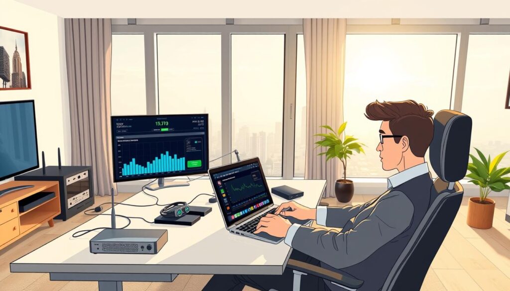 A serene, modern home office setting illustrating IPTV troubleshooting and performance optimization. In the foreground, a focused professional in business attire sits at a sleek desk, intently analyzing performance metrics displayed on a laptop screen. The middle layer features a high-quality router and various electronic devices connected by cables, indicating a well-arranged media setup. In the background, a large window reveals a cityscape under soft natural lighting, creating a bright and inviting atmosphere. The image captures a sense of concentration and clarity, emphasizing technology and efficiency. The angle is slightly overhead, showcasing both the professional and their work environment, accentuating the detailed elements of the IPTV setup without any text or distractions.