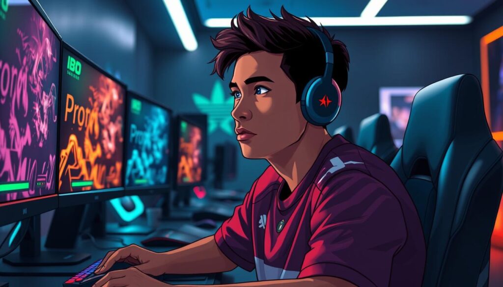 A skilled IBO pro player, Alustatuki, is focused and immersed in a competitive gaming environment. He is seated at a sleek, modern gaming setup, adorned with multiple monitors displaying vibrant game graphics. In the foreground, Alustatuki wears a professional gaming jersey, reflecting his dedication and expertise. His expression showcases concentration and determination. The middle ground features an array of gaming peripherals, like a high-tech gaming mouse and mechanical keyboard, with RGB lighting casting a dynamic glow. The background reveals a dimly lit room, illuminated by LED lights that enhance the energetic, competitive atmosphere. The image should have a shallow depth of field to emphasize Alustatuki and his equipment, with soft, ambient lighting creating a professional yet intense mood.