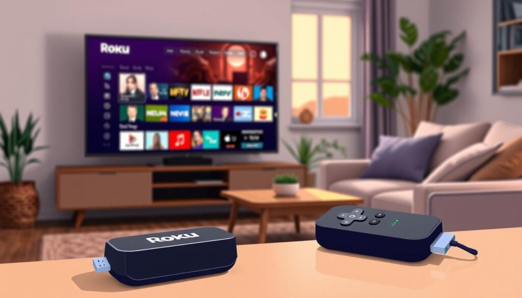 A sleek Roku device prominently displayed in the foreground, connected to a modern flat-screen television showing a vibrant IPTV interface filled with colorful streaming options. The middle ground features a stylish living room with a cozy ambiance, including a comfortable couch and decorative elements like plants and art. Soft, warm lighting creates an inviting atmosphere, enhancing the digital interaction displayed on the TV. In the background, a window allows soft natural light to filter in, suggesting a calm evening setting. The overall mood should convey a sense of easy entertainment and modern technology, focusing on alternative IPTV methods for viewing content effortlessly on a Roku device. Capture the scene from a slightly elevated angle to encompass both the device and the cozy environment without any text overlays or distractions.