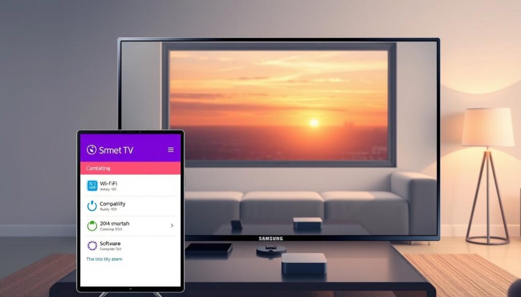 A sleek and modern Samsung Smart TV set against a minimalist living room backdrop. In the foreground, the TV is displaying a vibrant and user-friendly interface showcasing system requirements and compatibility indicators, with icons for Wi-Fi, RAM, and software version. The middle ground features a stylish coffee table with tech gadgets, creating a cozy and contemporary atmosphere. The background includes soft lighting from a lamp and a window with a gentle view of a cityscape at sunset, bringing warmth and sophistication to the scene. The image should convey a sense of advanced technology and user accessibility, with a focus on clarity and detail while maintaining a professional look. No text or watermarks present.