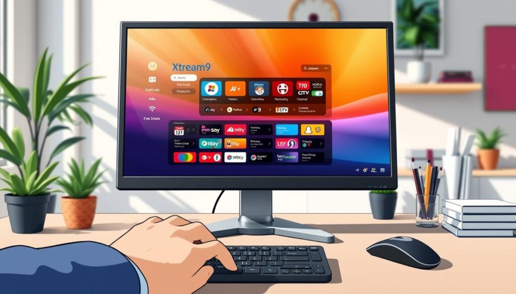 A sleek and modern desktop setup featuring the Xtream9 software interface displayed prominently on a computer monitor. In the foreground, there is a keyboard and mouse, with fingers gently typing in a professional and focused manner. The middle layer shows a vibrant, intuitive dashboard of the Xtream9 application, showcasing its key features like channel organization and streaming options. The background features soft-focus elements of a stylish office environment, including potted plants and organized stationery, conveying a sense of clarity and productivity. The lighting is bright and natural, suggesting a sunny day, with soft shadows to give depth. The mood is professional and inviting, perfect for users looking to install Xtream9 on their Windows PC. A sleek and modern desktop setup featuring the Xtream9 software interface displayed prominently on a computer monitor. In the foreground, there is a keyboard and mouse, with fingers gently typing in a professional and focused manner. The middle layer shows a vibrant, intuitive dashboard of the Xtream9 application, showcasing its key features like channel organization and streaming options. The background features soft-focus elements of a stylish office environment, including potted plants and organized stationery, conveying a sense of clarity and productivity. The lighting is bright and natural, suggesting a sunny day, with soft shadows to give depth. The mood is professional and inviting, perfect for users looking to install Xtream9 on their Windows PC.