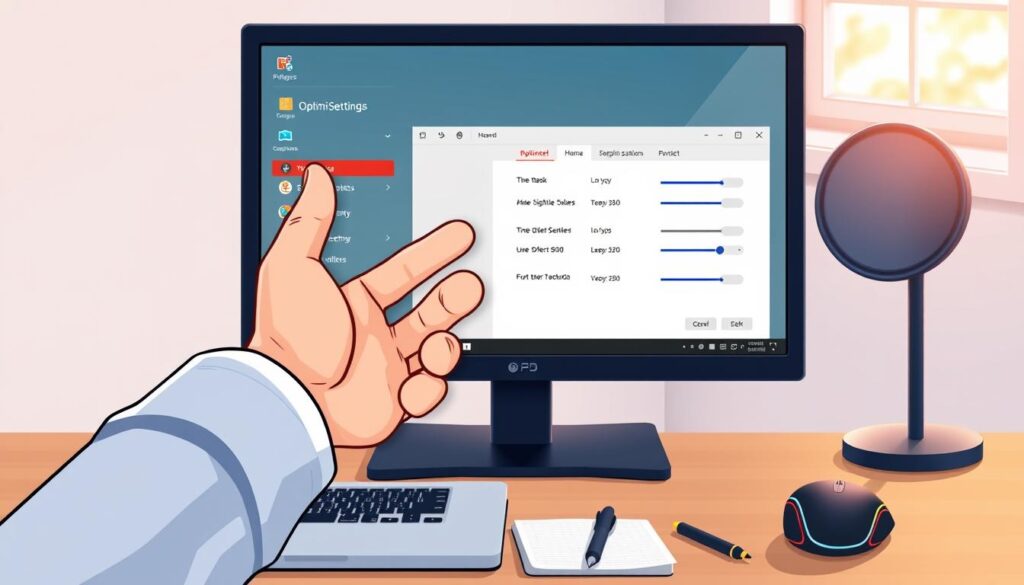 A sleek and modern desktop setup showcasing the "5KPlayer optimointiasetukset" interface on a high-resolution monitor. In the foreground, a user’s hand hovers over a laptop with an open settings window displaying vibrant icons and sliders, symbolizing optimization options. The middle layer features a beautifully designed desk with a notepad and pen, adding a touch of organization, while a stylish gaming mouse rests nearby. The background reveals a soft-focus view of a subtle window with sunlight filtering through, creating a calm and inviting atmosphere. The scene is well-lit with a warm tone, emphasizing technology and productivity. The overall mood is professional yet approachable, perfect for a user-friendly tech guide.