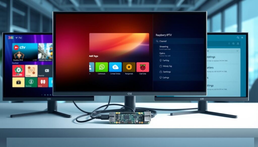 A sleek and modern digital display showcasing the different versions of GSE Smart IPTV side by side. In the foreground, focus on three distinct screens, each displaying a unique interface of the app, one with vibrant channel listings, another with streaming options, and the last featuring settings. The middle ground features a stylish Raspberry Pi device, connected to the screens, with cables neatly arranged. The background should be a soft-focus, tech-inspired office environment with subtle blue and gray tones, suggesting a professional atmosphere. Lighting is bright and evenly distributed, emphasizing the clarity of the screens. Capture from a slightly elevated angle to provide a comprehensive overview of the setup, creating a sense of innovation and technology.