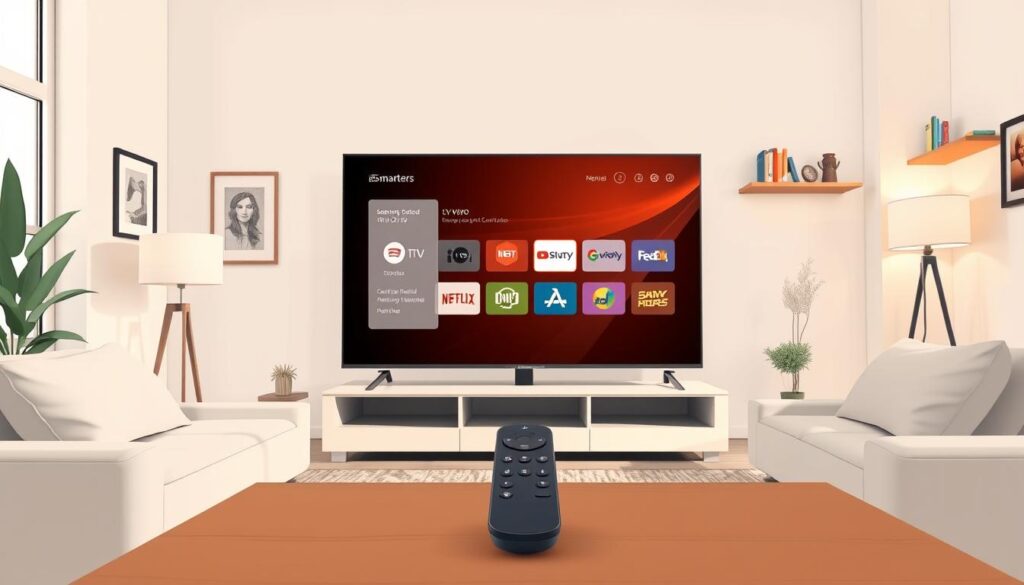 A sleek and modern digital interface showcasing the IPTV Smarters application on a large television screen in a cozy living room setting. In the foreground, a smart remote control rests on a stylish coffee table. The middle ground features a comfortable couch with minimalistic design elements, such as neutral-toned cushions and a contemporary lamp providing warm light. The background includes a wall adorned with framed art and a small bookshelf filled with colorful books, creating an inviting atmosphere. The overall mood is relaxed and tech-savvy, emphasizing a seamless IPTV experience. Use bright, natural lighting to give a sense of openness, and keep the focus on the application interface displayed prominently on the TV screen. A sleek and modern digital interface showcasing the IPTV Smarters application on a large television screen in a cozy living room setting. In the foreground, a smart remote control rests on a stylish coffee table. The middle ground features a comfortable couch with minimalistic design elements, such as neutral-toned cushions and a contemporary lamp providing warm light. The background includes a wall adorned with framed art and a small bookshelf filled with colorful books, creating an inviting atmosphere. The overall mood is relaxed and tech-savvy, emphasizing a seamless IPTV experience. Use bright, natural lighting to give a sense of openness, and keep the focus on the application interface displayed prominently on the TV screen.