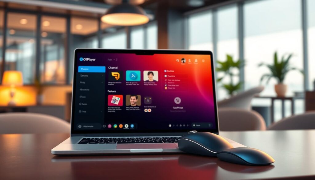 A sleek and modern digital workspace showcasing the features and management of the OttPlayer application. In the foreground, display a high-resolution laptop on a stylish desk, open to the OttPlayer interface, with vibrant icons representing features like channel management and streaming options. In the middle ground, include a close-up view of a mouse hovering over the application to suggest interaction, with a subtle reflection on the desk surface. The background features a soft-focus of a contemporary office environment with warm lighting, creating an inviting atmosphere. Utilize a slight depth-of-field effect to draw attention to the laptop while softening the background elements. The overall mood should be professional and engaging, perfect for illustrating user-friendly technology.