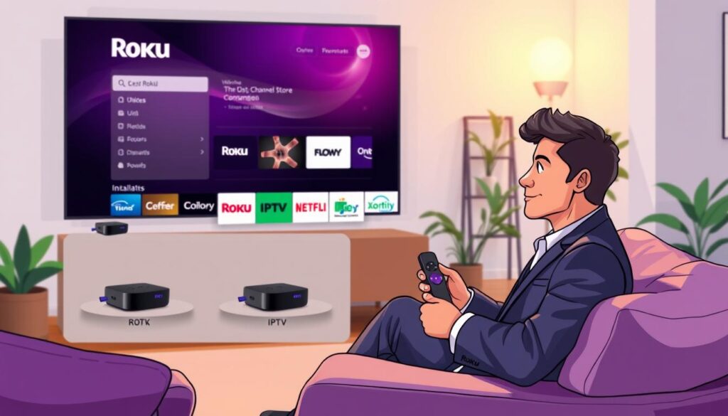 A sleek and modern living room featuring a large flat-screen television prominently displaying the Roku Channel Store interface. In the foreground, a confident individual in professional business attire is seated on a comfortable sofa, interacting with a Roku remote control. The middle layer showcases various Roku devices and IPTV logos, illustrating the installation process. The background includes cozy decor with warm lighting and a subtle focus on a window allowing natural light to filter in. Capture a sense of convenience and technology, evoking a feeling of ease as one explores the Roku setup. The overall atmosphere is bright, inviting, and tech-savvy, highlighting the innovation of streaming content via IPTV on Roku. A sleek and modern living room featuring a large flat-screen television prominently displaying the Roku Channel Store interface. In the foreground, a confident individual in professional business attire is seated on a comfortable sofa, interacting with a Roku remote control. The middle layer showcases various Roku devices and IPTV logos, illustrating the installation process. The background includes cozy decor with warm lighting and a subtle focus on a window allowing natural light to filter in. Capture a sense of convenience and technology, evoking a feeling of ease as one explores the Roku setup. The overall atmosphere is bright, inviting, and tech-savvy, highlighting the innovation of streaming content via IPTV on Roku.