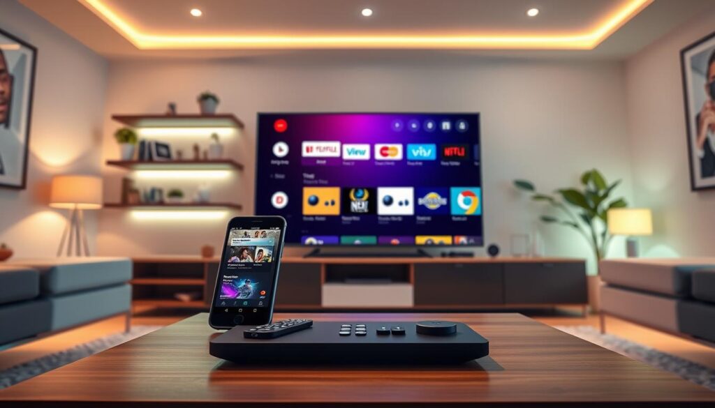 A sleek and modern living room setting showcasing the TiviMate application interface on a large flat-screen Smart TV. In the foreground, highlight a stylish coffee table featuring a remote control and a smartphone displaying the TiviMate app. In the middle ground, capture the vivid TV screen with the TiviMate Premium interface, emphasizing user-friendly navigation and high-quality graphics. In the background, softly lit shelves with various entertainment-related items create a cozy atmosphere. The scene should be well-lit, with warm, inviting tones that evoke a sense of comfort and entertainment. Use a wide-angle lens to highlight the spaciousness of the room, giving it an inviting, modern feel without any text or logos present. The overall mood should be welcoming and professional, ideal for tech enthusiasts.