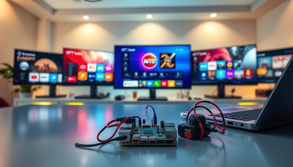 A sleek and modern workspace featuring a Raspberry Pi setup connected to multiple screens displaying various media application interfaces. In the foreground, a Raspberry Pi with colorful wires and a compact keyboard sits beside a laptop. The middle ground showcases vibrant screen displays showing OTT streaming services alongside other media applications, like IPTV and multimedia players. The background is a softly lit room with ambient lighting, creating a cozy yet tech-savvy atmosphere. A subtle reflection of the screens is visible on a polished desk surface, enhancing the high-tech feel. The image emphasizes organization and innovation, conveying a spirit of collaboration among different media applications. The scene should radiate a sense of efficiency and modernity without any human presence. A sleek and modern workspace featuring a Raspberry Pi setup connected to multiple screens displaying various media application interfaces. In the foreground, a Raspberry Pi with colorful wires and a compact keyboard sits beside a laptop. The middle ground showcases vibrant screen displays showing OTT streaming services alongside other media applications, like IPTV and multimedia players. The background is a softly lit room with ambient lighting, creating a cozy yet tech-savvy atmosphere. A subtle reflection of the screens is visible on a polished desk surface, enhancing the high-tech feel. The image emphasizes organization and innovation, conveying a spirit of collaboration among different media applications. The scene should radiate a sense of efficiency and modernity without any human presence.