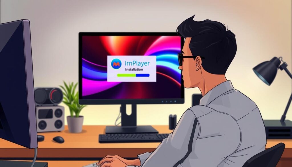 A sleek and modern workspace featuring a Windows PC displaying the ImPlayer installation interface. In the foreground, a focused individual wearing professional business attire is seated at the desk, attentively following the installation steps on the screen. The middle ground shows the PC monitor, illuminated with vibrant colors showcasing the ImPlayer logo and a progress bar for the installation process. In the background, a well-organized setup with various tech gadgets, a potted plant, and soft ambient lighting creates a calm, productive atmosphere. The angle captures both the screen and the user's engagement, emphasizing clarity and detail in the installation steps. The overall mood is focused and tech-savvy, ideal for a tutorial setting.