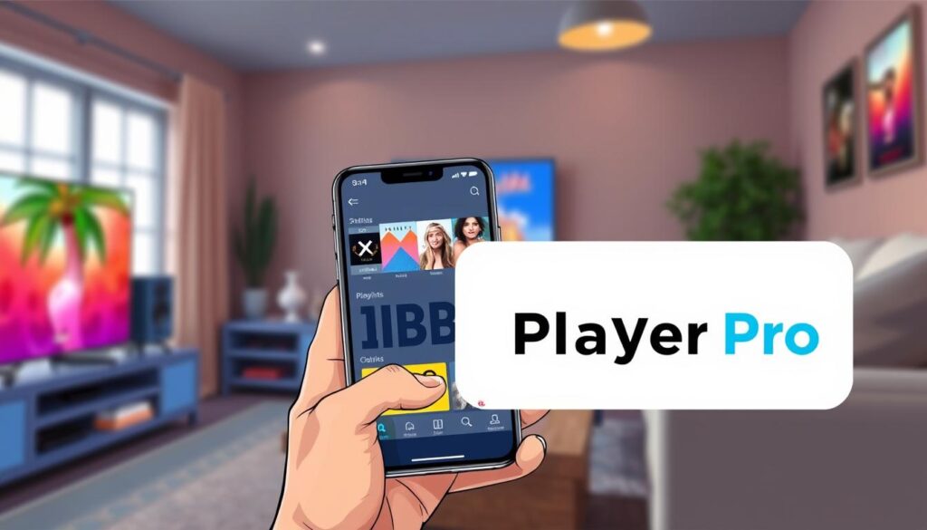 A sleek mobile app interface displaying the "IBO Player Pro" logo prominently in the foreground, surrounded by a vibrant digital atmosphere. In the middle ground, a user is shown engaging with the app on a contemporary smartphone, showcasing an intuitive layout and vivid content colors, where elements like playlists and streaming options are visible. The background features a subtle blurred representation of a cozy home entertainment setup, including a TV and comfortable couch, enhancing the context of device optimization for streaming. The scene is well-lit with soft, natural lighting to convey a relaxed, inviting mood, shot from a slightly elevated angle to capture the app's features effectively. A sleek mobile app interface displaying the "IBO Player Pro" logo prominently in the foreground, surrounded by a vibrant digital atmosphere. In the middle ground, a user is shown engaging with the app on a contemporary smartphone, showcasing an intuitive layout and vivid content colors, where elements like playlists and streaming options are visible. The background features a subtle blurred representation of a cozy home entertainment setup, including a TV and comfortable couch, enhancing the context of device optimization for streaming. The scene is well-lit with soft, natural lighting to convey a relaxed, inviting mood, shot from a slightly elevated angle to capture the app's features effectively.