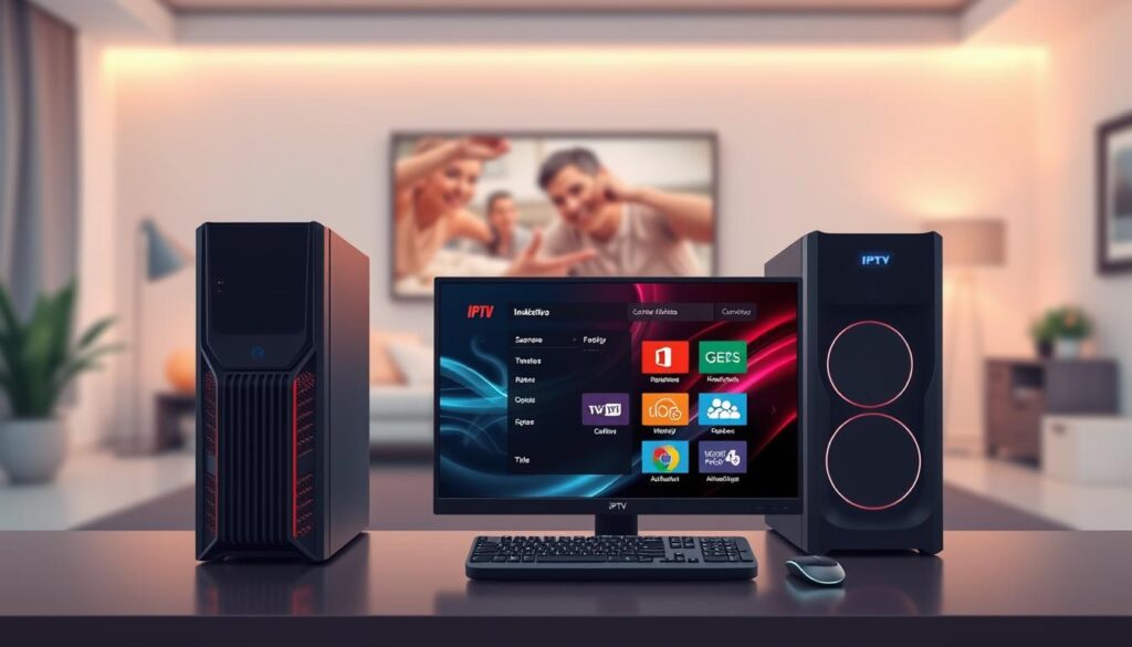 A sleek, modern IPTV player interface displayed prominently in the foreground, showcasing vibrant graphics and user-friendly navigation elements. The middle ground features a stylish desktop setup, including a high-resolution monitor, a powerful PC tower, and neatly arranged peripherals, such as a keyboard and mouse, all accentuated by ambient backlighting. In the background, blurred outlines of a cozy living environment with soft lighting create a relaxed atmosphere, suggesting a home entertainment setup. The composition employs a slight top-down angle for a professional look, emphasizing the technology and usability of the IPTV player. The overall mood is inviting and tech-savvy, perfect for illustrating system requirements and installation environments.