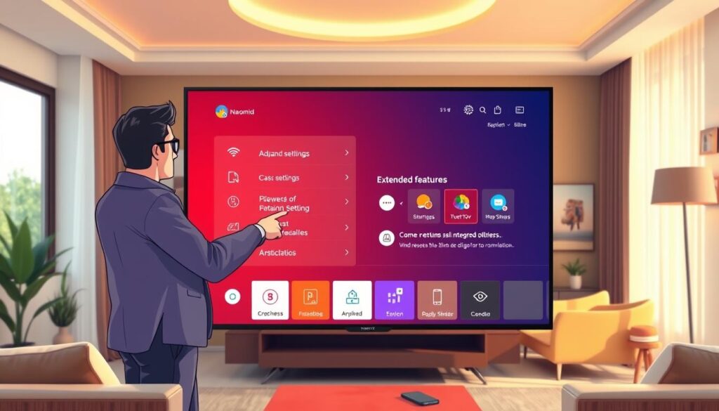 A sleek, modern Nanomid smart TV displayed prominently in a contemporary living room. In the foreground, a user in business casual attire is interacting with the TV, pointing at the screen, showcasing various extended features. Bright, ambient lighting creates a warm atmosphere, while the TV screen glows with a vibrant interface displaying advanced settings and troubleshooting options. The middle ground features stylish furniture and decorative elements like plants and art, emphasizing a tech-savvy lifestyle. In the background, a cozy window with natural light filtering in enhances the inviting mood. Capture a clear angle that highlights the interaction between the user and the TV, ensuring a sense of engagement and innovation.