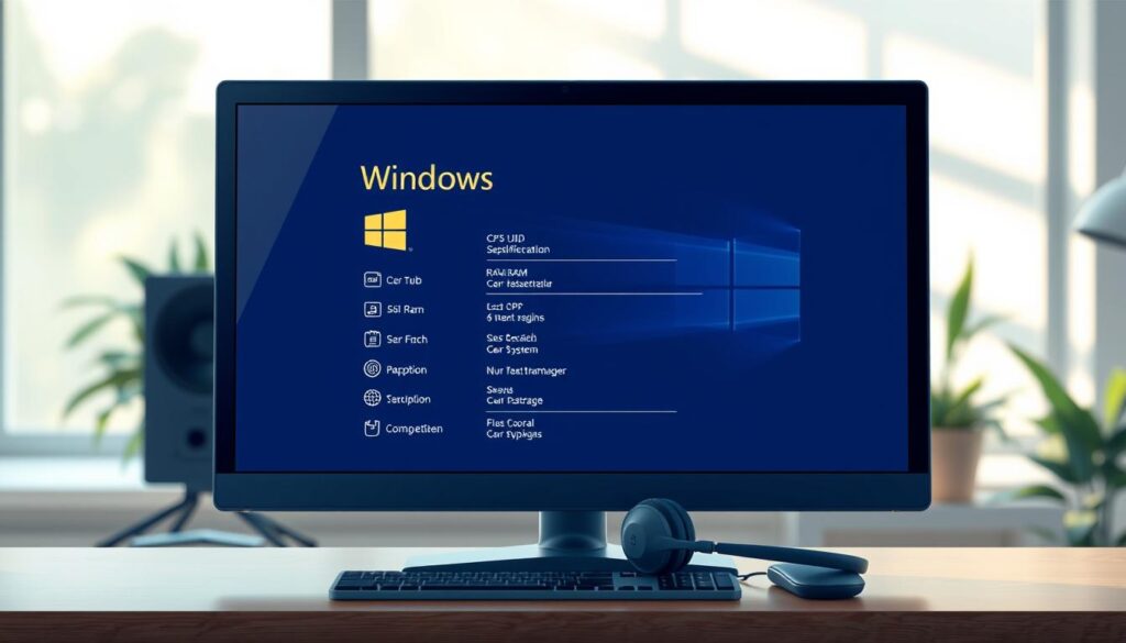 A sleek, modern desktop computer setup showcasing Windows system requirements. In the foreground, a high-resolution monitor displays a visually appealing checklist of system specifications like CPU, RAM, and storage space, with icons representing different PC components. The middle layer features a professional-looking laptop and a pair of headphones, signifying compatibility with software. The background is softly blurred, highlighting a creative workspace with ambient lighting creating an inviting atmosphere. Natural light filters through a window, casting gentle shadows. The overall mood is innovative and informative, aimed at tech-savvy users looking for system compatibility details. Ensure no text or branding is visible in the image.