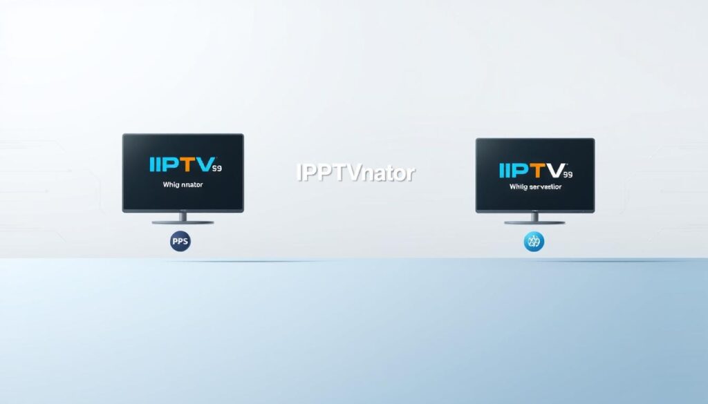 A sleek, modern digital comparison chart showcasing multiple versions of IPTVnator on a clean, minimalist interface. In the foreground, large icons representing different versions of the software, each highlighted with distinct colors and subtle shadows for depth. In the middle, a smooth gradient background that transitions from light blue to soft gray, providing a neutral canvas that emphasizes the icons. In the background, faint outlines of abstract tech elements or circuitry to enhance the technology theme without being distracting. The mood is informative and professional, aimed at educating viewers about IPTVnator’s various versions. Soft, diffused lighting enhances the clarity and focus on the software icons, using a wide-angle perspective to create a sense of openness.