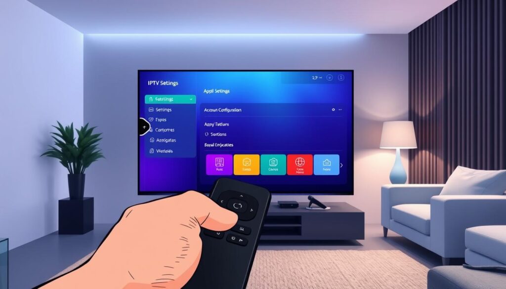 A sleek, modern living room featuring a large flat-screen TV showing the IPTV Smarters Pro app interface. The foreground displays a close-up of a remote control in a hand, ready to navigate the settings. In the middle, focus on the TV screen with a vibrant, user-friendly interface showcasing "Application Basic Settings" and "Account Configuration" menus, including crisp icons and intuitive layout. The background sets a cozy mood with soft, ambient lighting illuminating the room, and minimalist furniture enhances the modern aesthetic. The scene should evoke a sense of comfort and ease while interacting with technology, highlighting the seamless integration of IPTV on a Roku device. A sleek, modern living room featuring a large flat-screen TV showing the IPTV Smarters Pro app interface. The foreground displays a close-up of a remote control in a hand, ready to navigate the settings. In the middle, focus on the TV screen with a vibrant, user-friendly interface showcasing "Application Basic Settings" and "Account Configuration" menus, including crisp icons and intuitive layout. The background sets a cozy mood with soft, ambient lighting illuminating the room, and minimalist furniture enhances the modern aesthetic. The scene should evoke a sense of comfort and ease while interacting with technology, highlighting the seamless integration of IPTV on a Roku device.